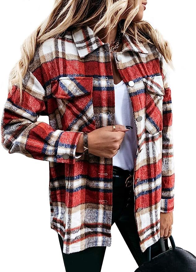 Sidefeel Women Plaid Long Sleeve Button Down Collar Long Shirt Oversized Coat | Amazon (US)