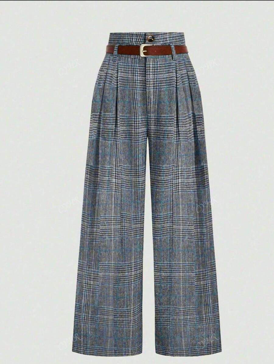 Women's Plaid Retro Double Waistline Straight Leg Casual Slimming Pants | SHEIN