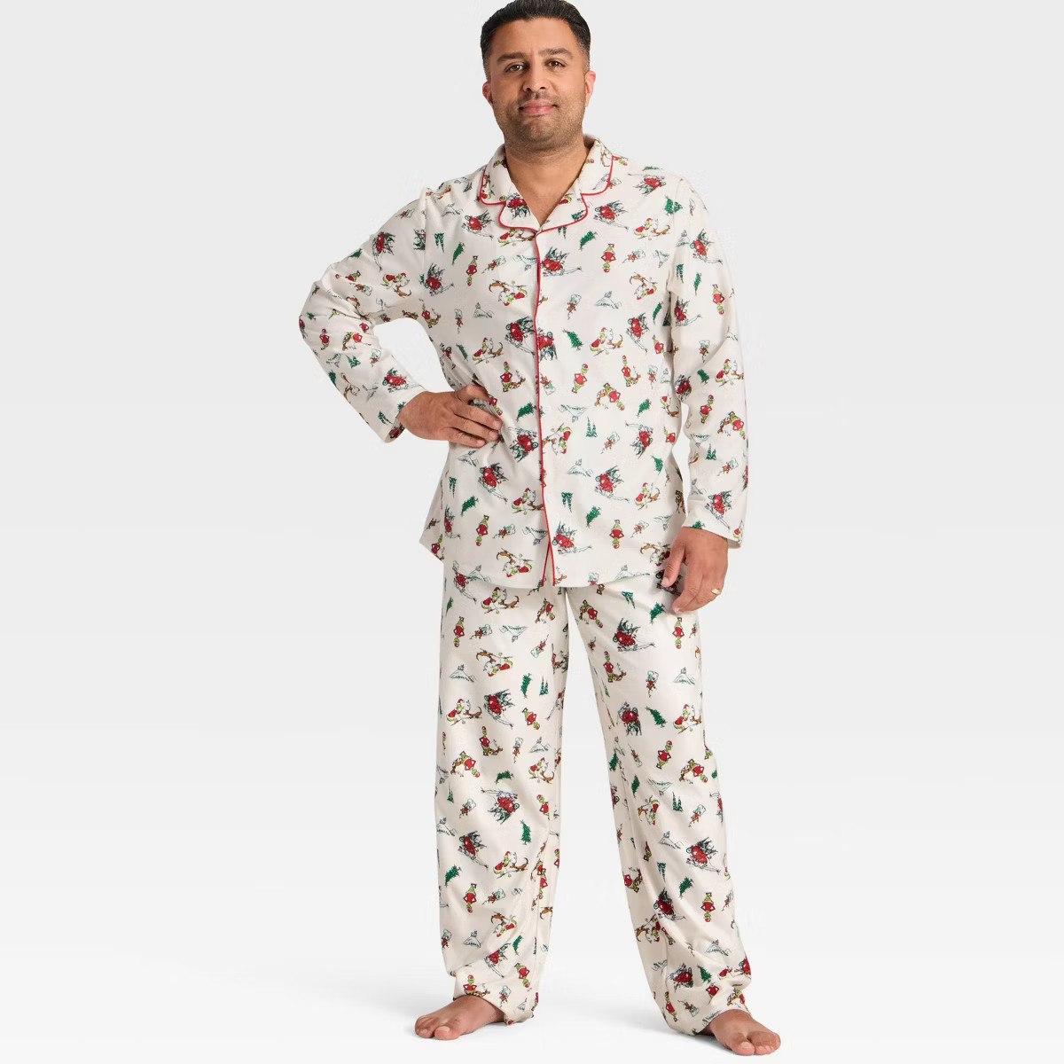 Men's Grinch Print Long Sleeve Shirt and Pants Holiday Matching Family Pajama Set - Cream S | Target