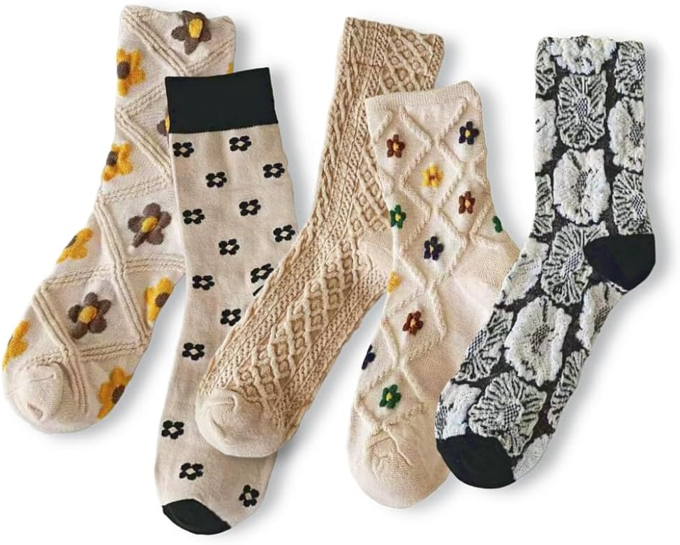 VETEVORY Women Vintage Pink Floral Patterned Cute Ruffle Cotton Ankle Socks 5 Pairs | Amazon (US)
