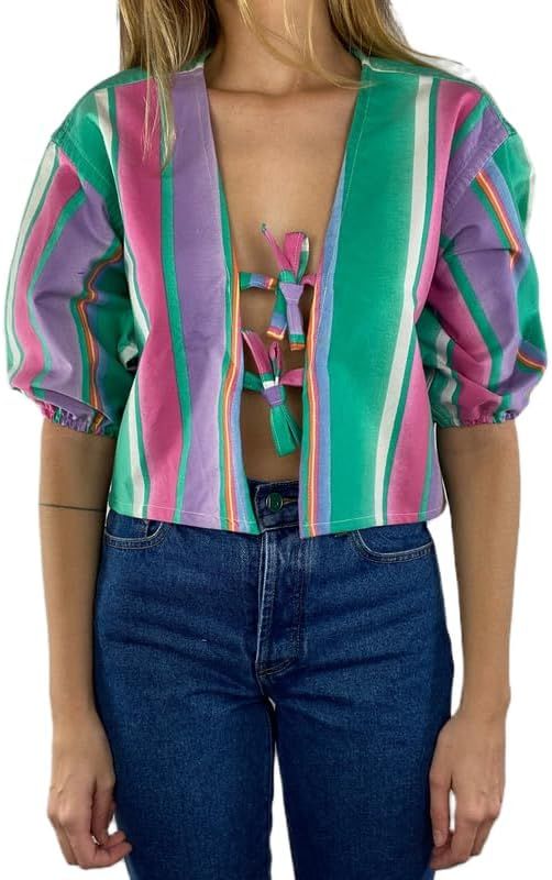 Women Y2K Peplum Tops Puff Short Sleeve Shirts Babydoll Tie Front Ruffle Hem Blouse Tops Streetwe... | Amazon (US)