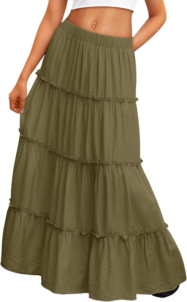 Trendy Queen Long Skirts for Women Boho Maxi Skirt Summer Swing Tiered A-Line Elastic High Waist ... | Amazon (US)