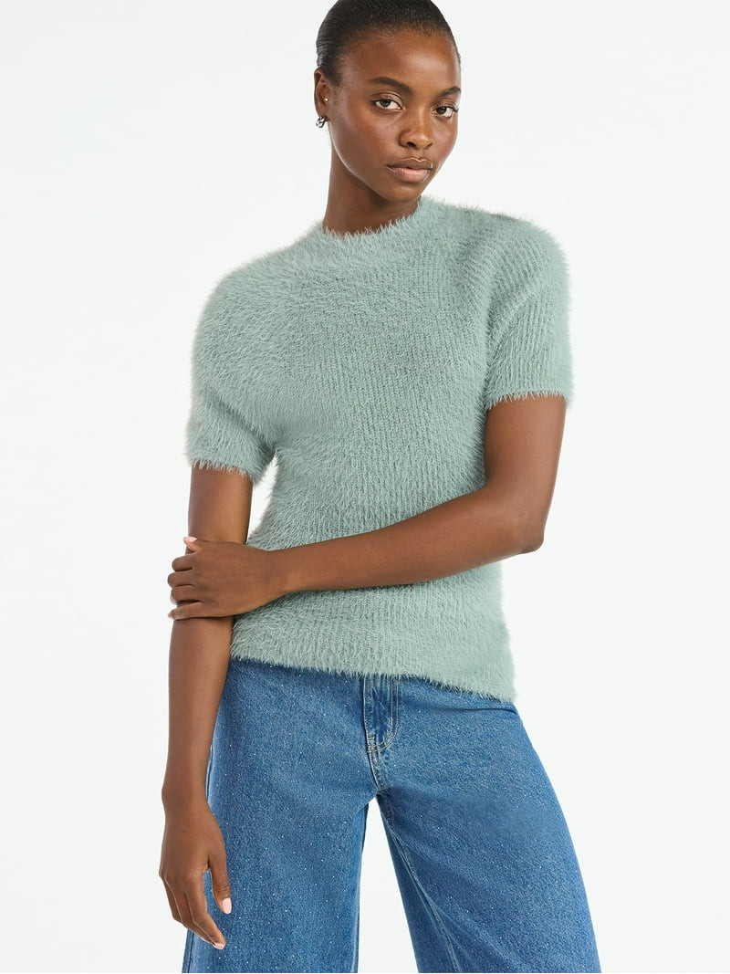 Scoop Women’s Fuzzy Sweater Top with Short Sleeves, Lightweight, Sizes XS-XXL | Walmart (US)