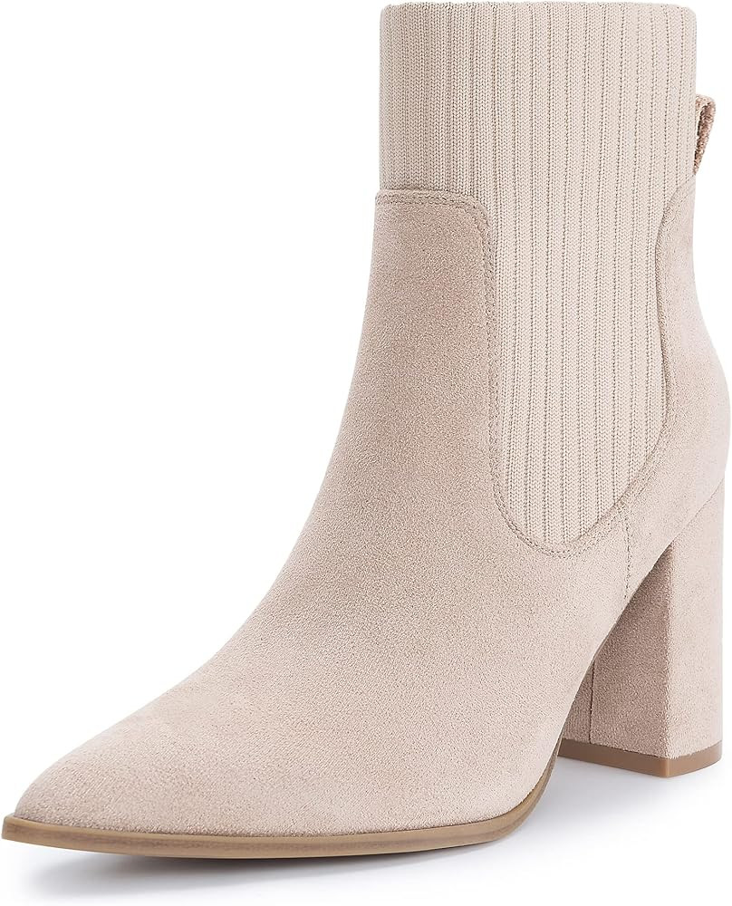 Athlefit Women's Pointed Toe Ankle Boots Elastic Chunky High Heel Slip On Sock Booties | Amazon (US)