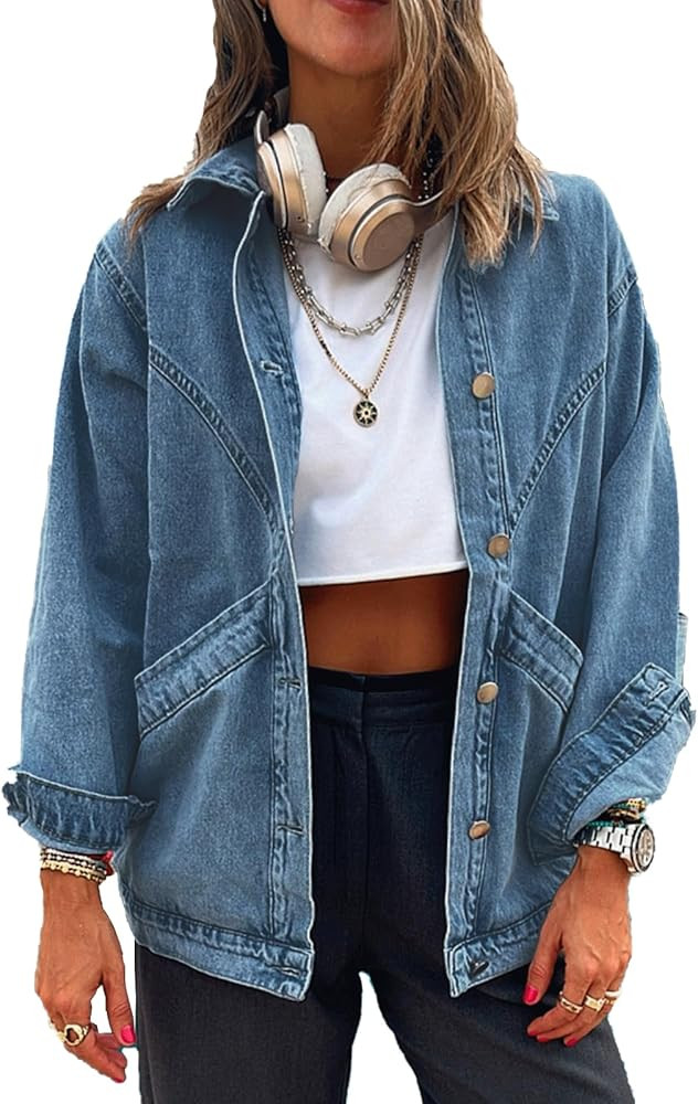 Women's Casual Oversized Button Up Denim Jackets Shacket Long Sleeve Pockets Denim Jean Jacket wi... | Amazon (US)