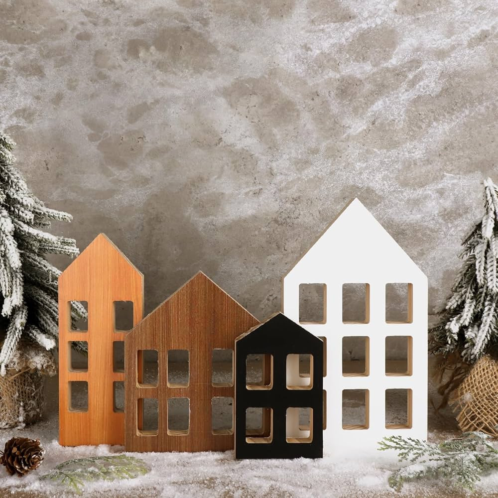 Treory 4Pcs Christmas Decorations Indoor, Farmhouse Table Christmas Decor, Rustic Wooden House Bl... | Amazon (US)