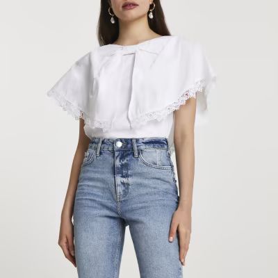 White short sleeve oversized bow collar top | River Island (UK & IE)