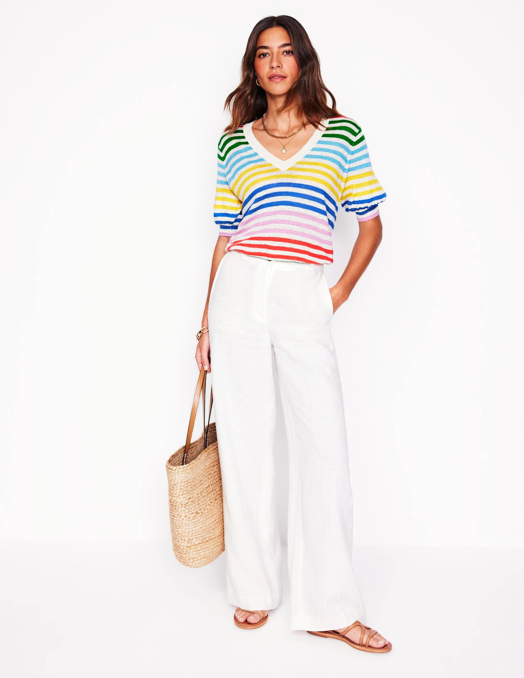 Liv V-Neck Linen T-Shirt-Banded Rainbow Stripe | Boden (US)