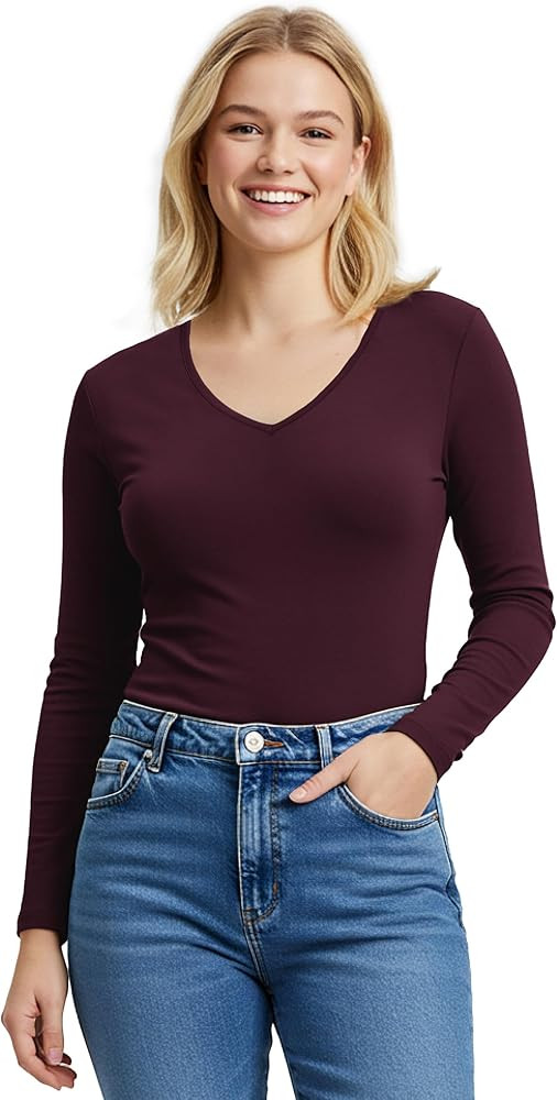 Emmalise Women's Junior and Plus Size Vneck Tshirt Long Sleeves Shirt Tee | Amazon (US)