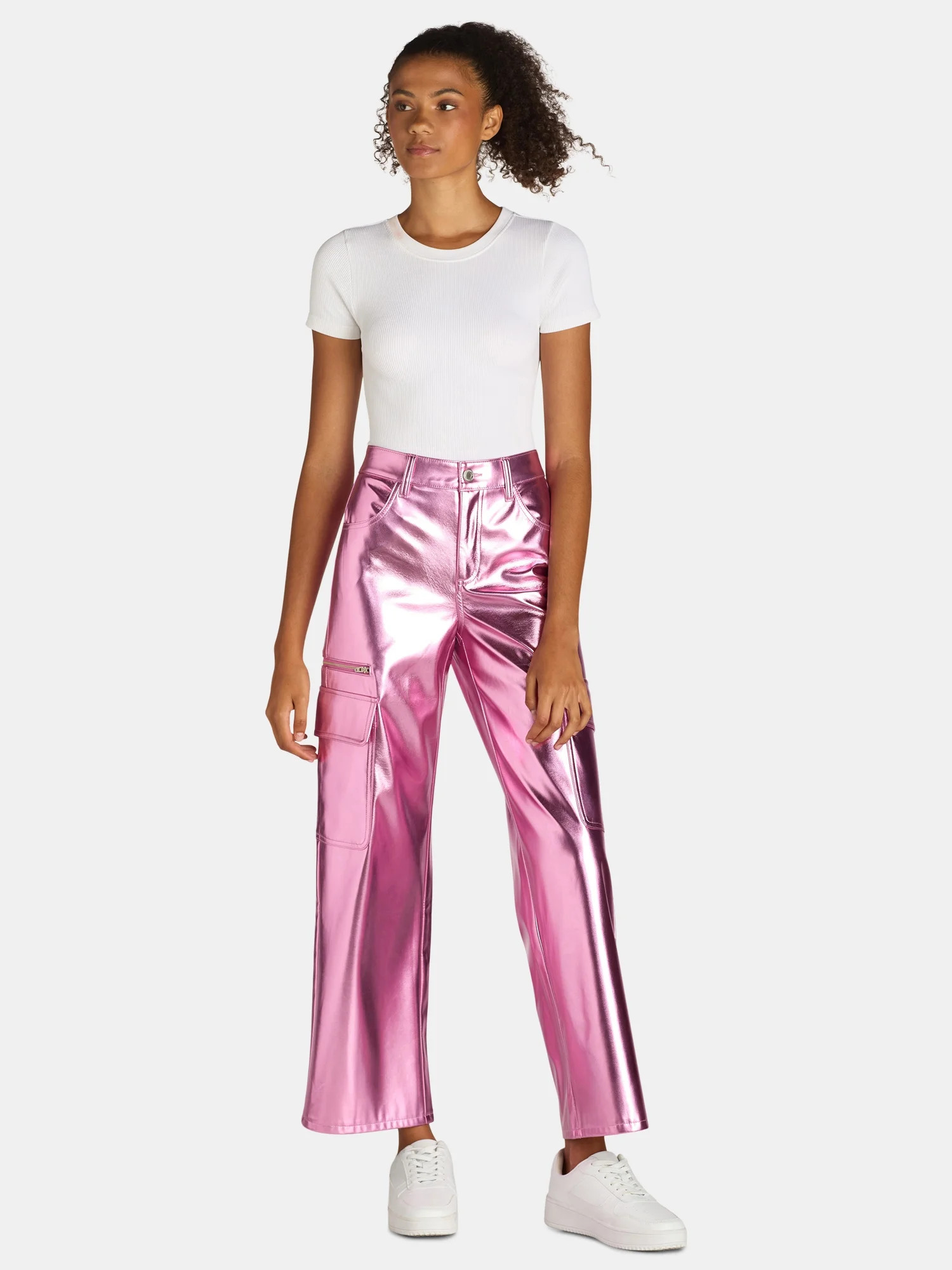 No Boundaries High Rise Metallic Cargo Pants, 30.5" Inseam, Women's | Walmart (US)