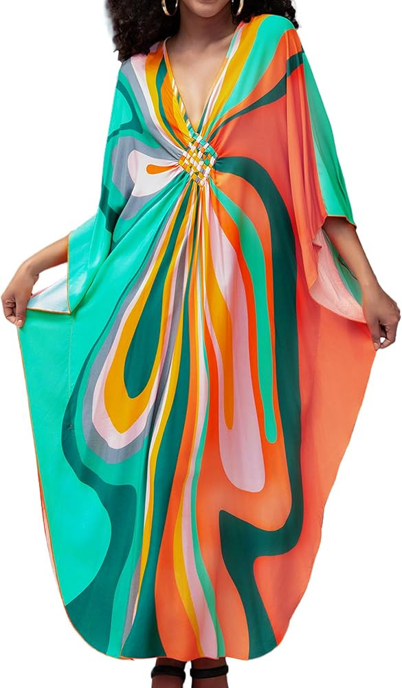 Kaftan Dress for Women,Plus Size Hawaiian Batwing Sleeve Beach Cover Up Summer Swimsuit Dresses | Amazon (US)