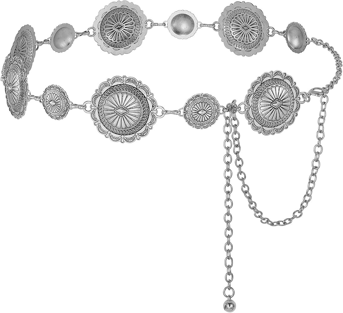 XZQTIVE Western Concho Chain Belts for Women Cowgirl Silver/Gold Metal Waist Belt for Dresses Jea... | Amazon (US)
