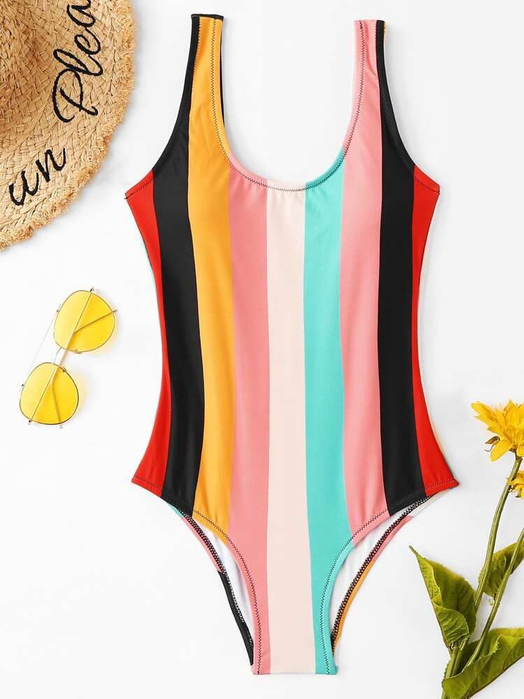 Low Back Colorful Striped One Piece Swimwear | SHEIN