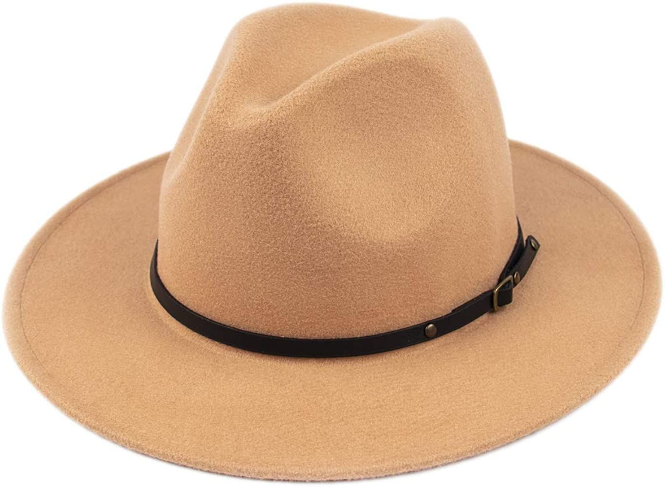 Lanzom Womens Classic Wide Brim Floppy Panama Hat Belt Buckle Wool Fedora Hat (One Size, Khaki) a... | Amazon (US)