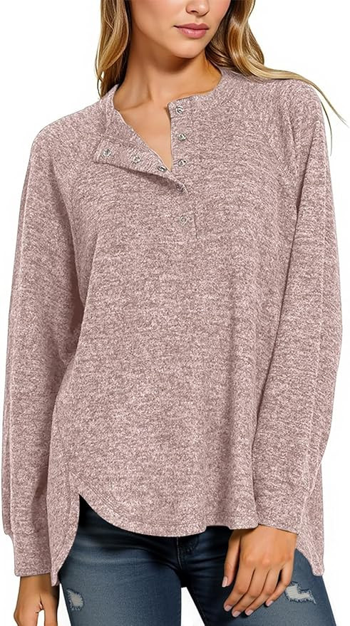 Tankaneo Womens Long Sleeve Henley Shirts Oversized Round Neck Sweatshirts Fall Tunic Tops Casual... | Amazon (US)