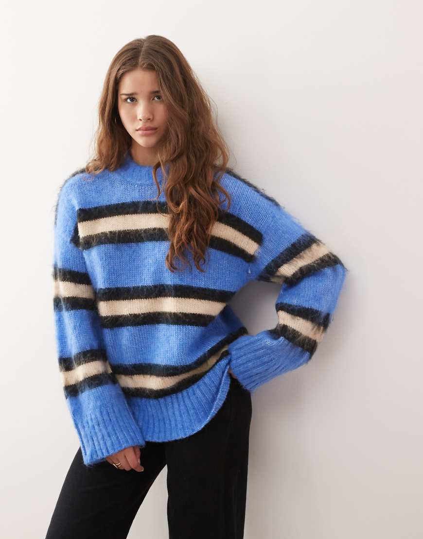 Monki oversized fluffy sweater in blue and chocolate stripes-Brown | ASOS (Global)
