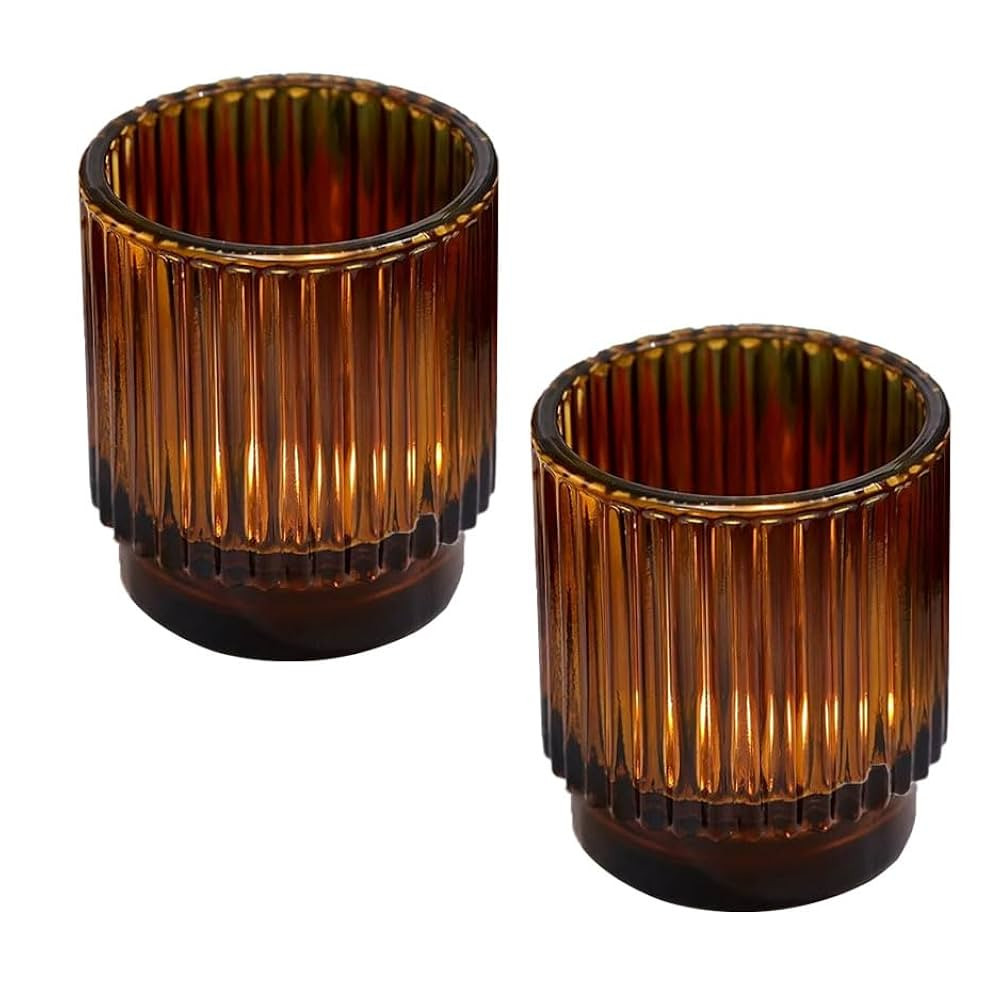 2Pcs Votive Candle Holders,Ribbed Amber Glass Candle Holder,Brown tealight Candle Holder for Tabl... | Amazon (US)