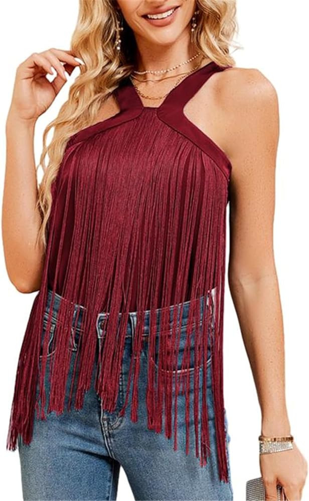 JASAMBAC Women's Sleeveless Fringe Tank Top Silk Satin Blouses Tassel Halter Tops Lightweight Flo... | Amazon (US)