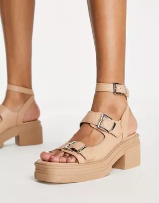 ASOS DESIGN Heston chunky mid heel sandals in beige | ASOS (Global)