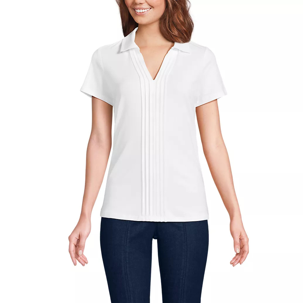 Women's Short Sleeve Lightweight Jersey Pintuck Open Collar Polo | Lands' End (US)