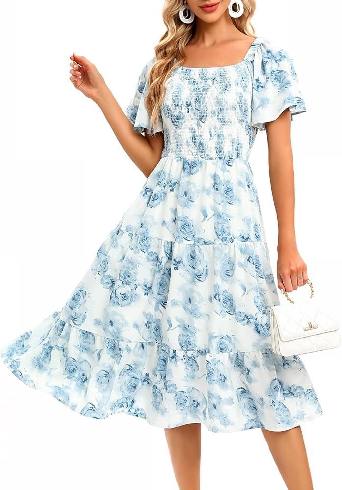 Bbonlinedress Womens Casual Floral Summer Smocked Beach Party Boho Midi Square Neck Dress | Amazon (US)