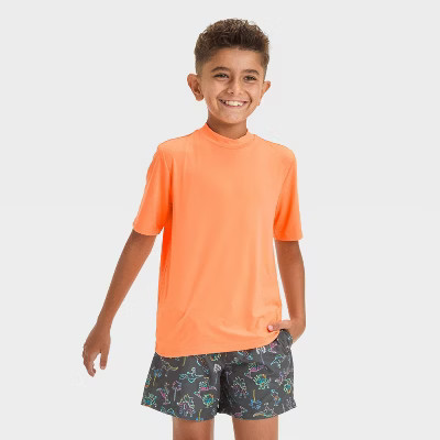 Boys' Solid Rash Guard Top - Cat & Jack™ Mango Orange M: Fit, UPF 50+, Recycled Polyester, Short Sleeve | Target