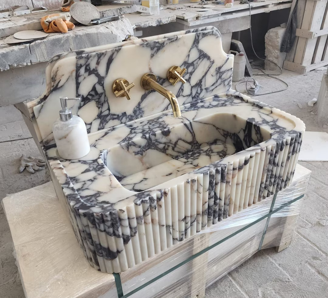 Calacatta Viola Marble Sink, Grooved Front, Hand Carved Sink, Marble Sink, Round Corner, Wall Sin... | Etsy (US)