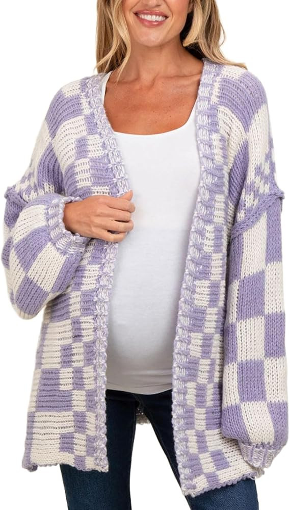 CHARTOU Women Checkered Open Front Cardigan Oversized Plaid Lantern Long Sleeve Chunky Knit Sweat... | Amazon (US)