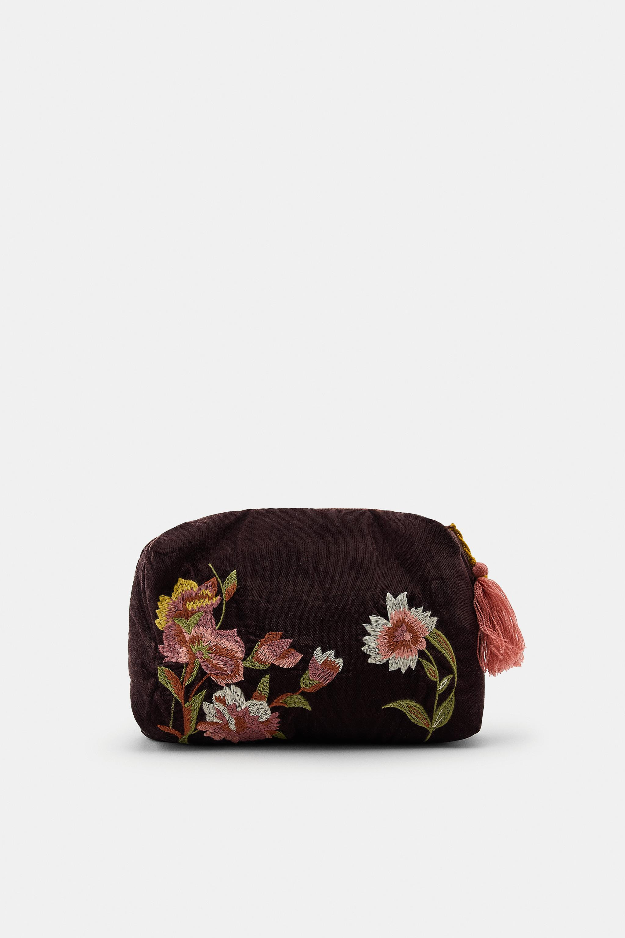 QUILTED VELVET TOILETRY BAG WITH EMBROIDERED FLOWERS | Zara US