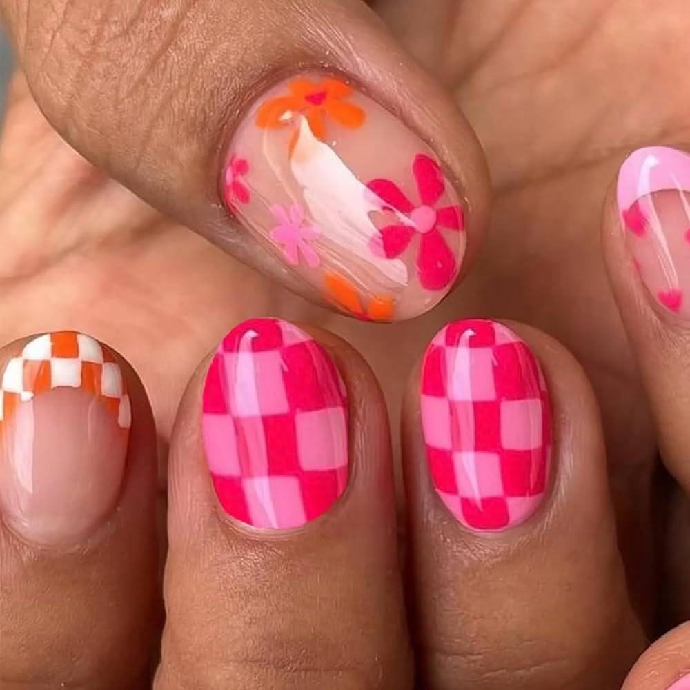 Summer Press on Nails Short Oval - Hot Pink French Tip Fake Nails Short, Nude Gel Glue on Nails M... | Amazon (US)