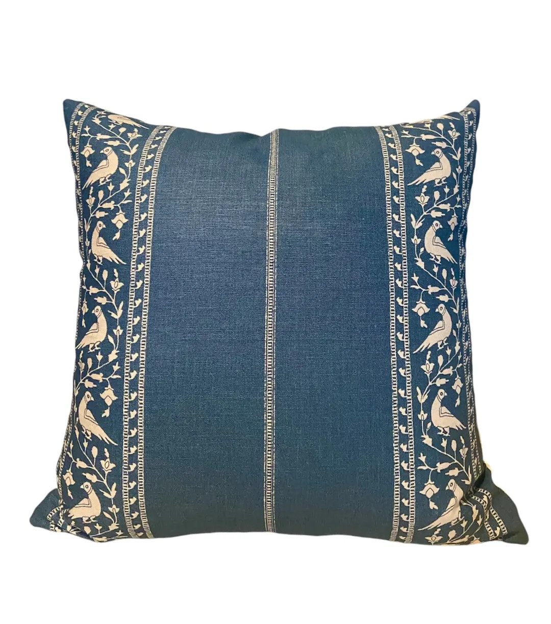 Lisa Fine Baroda II Indigo Blue Linen Bird and Stripe Pillow Covers - Etsy | Etsy (US)