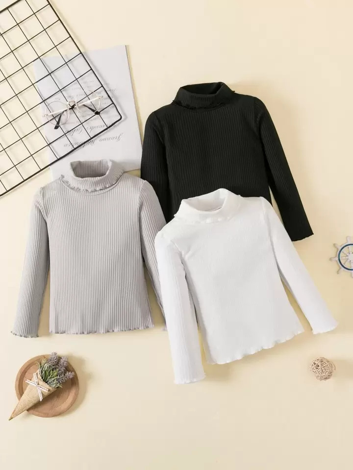 SHEIN Kids EVRYDAY Toddler Girls 3pcs Turtleneck Lettuce Trim Ribbed Knit Tee | SHEIN