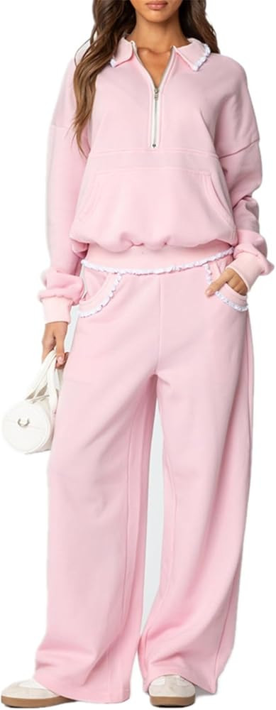 Women 2 Piece Lounge Outfits Lace Ruffle Trim Lapel Half Zip Sweatshirt Wide Leg Sweatpant Set Ov... | Amazon (US)