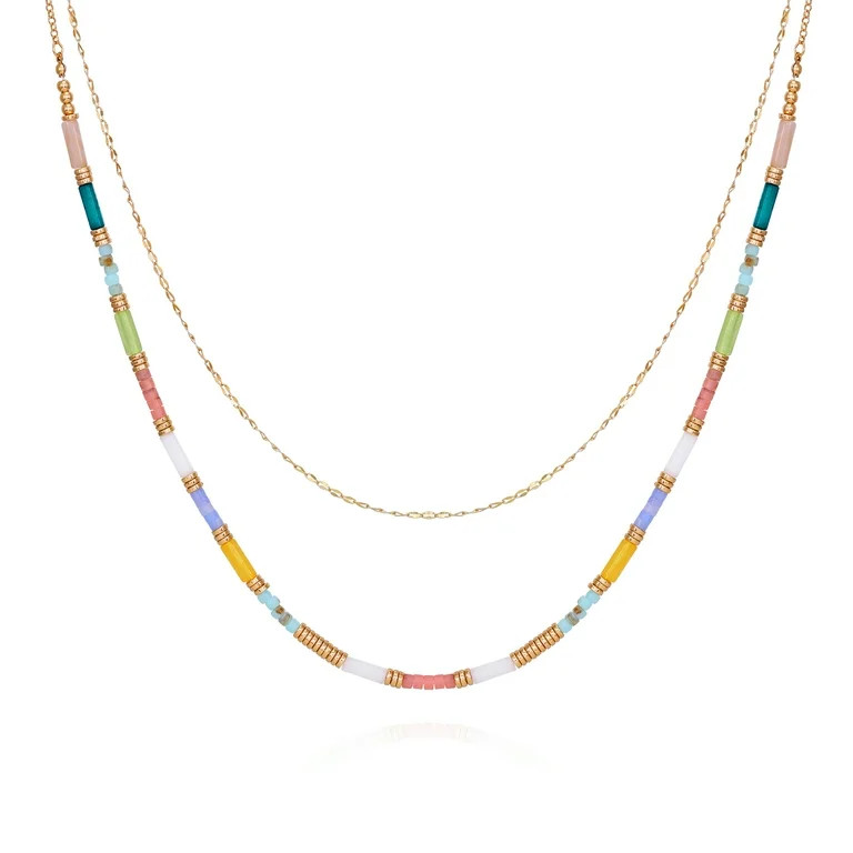 Time and Tru Women's Gold Tone Double Layer Multi Color Beaded Station Necklace | Walmart (US)