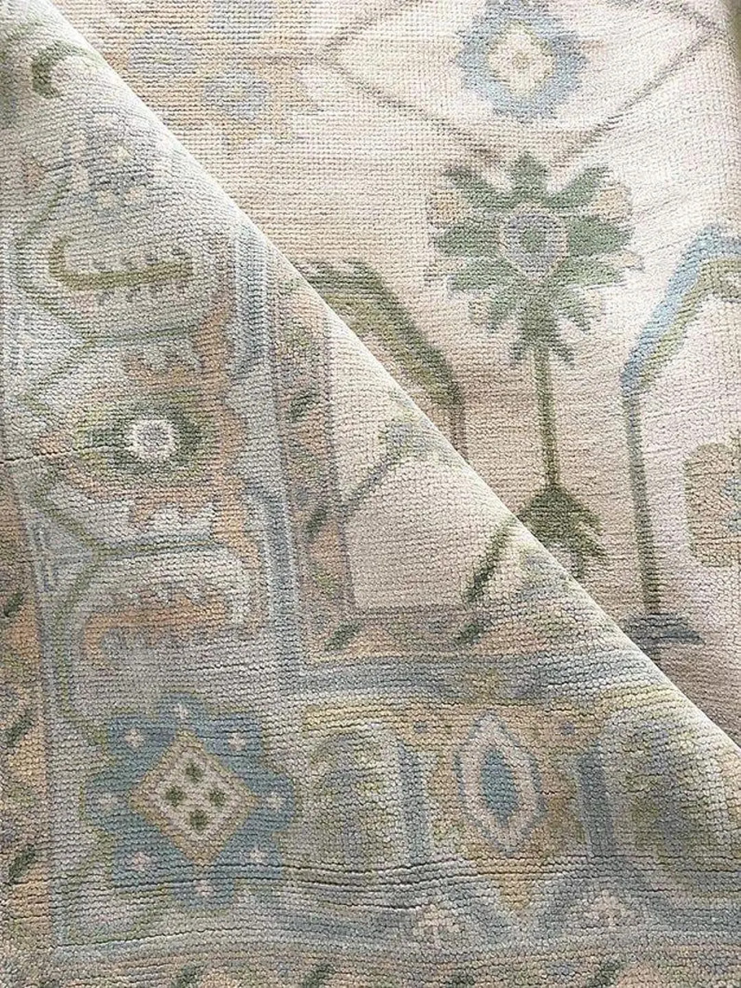Handwoven Beige Oushak Rug: Blue & Green Wool Turkish Rug - Etsy | Etsy (US)