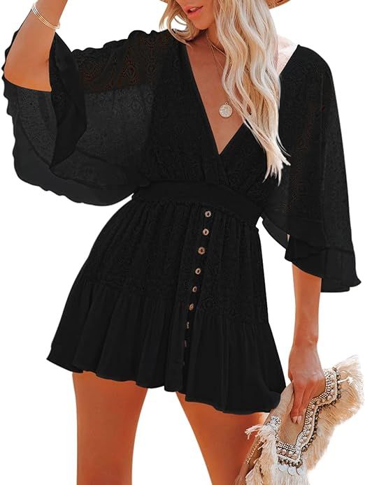 Fixmatti Lace V Neck Mini Dresses Batwing Sleeve Backless Crochet Ruffle Mini Dresses | Amazon (US)
