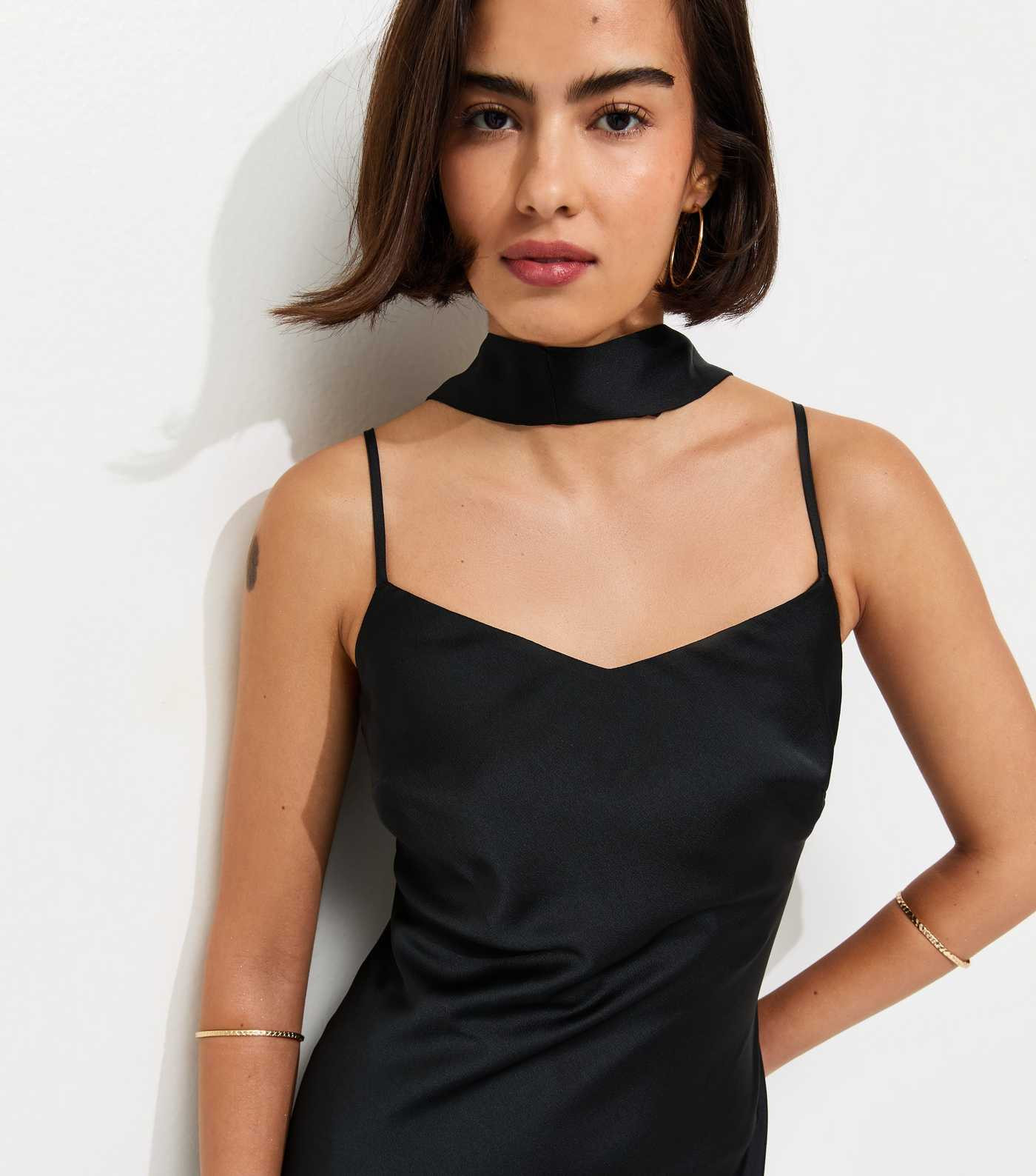 Black Satin Slip Midi Dress with Scarf | New Look | New Look (UK)