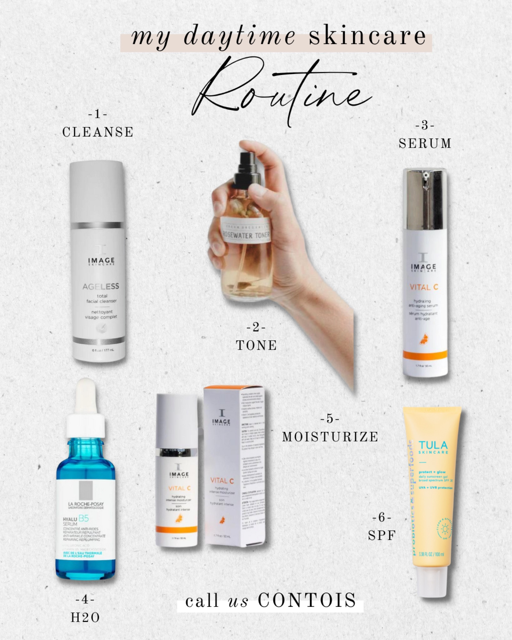 My day time skincare routine 🧖🏼‍♀️ the anti aging vitamin c serum is worth the splurge!! 

| skincare regimen, tula skincare, image skincare, urban organics rose water toner, cleanser, hyaluronic acid, la roche posay, sunscreen gel, moisturizer | 

#LTKitbag #LTKbeauty #LTKunder100
