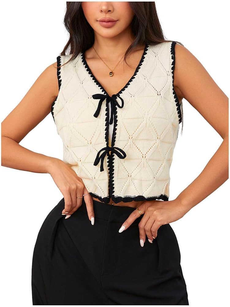 MakeMeChic Women's Crochet Tops Tie Front Sweater Vest Top V Neck Contrast Old Money Clothes | Amazon (US)