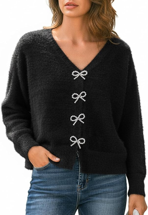 CUPSHE Women's Long Sleeve Knit Cardigan Bow Buttons Lightweight Open Front Sweater Fall Winter C... | Amazon (US)