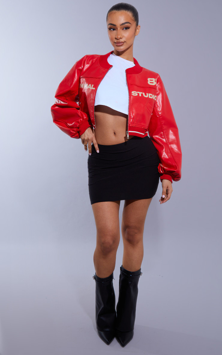Petite Red Super Cropped Pu Racer Jacket | PrettyLittleThing US