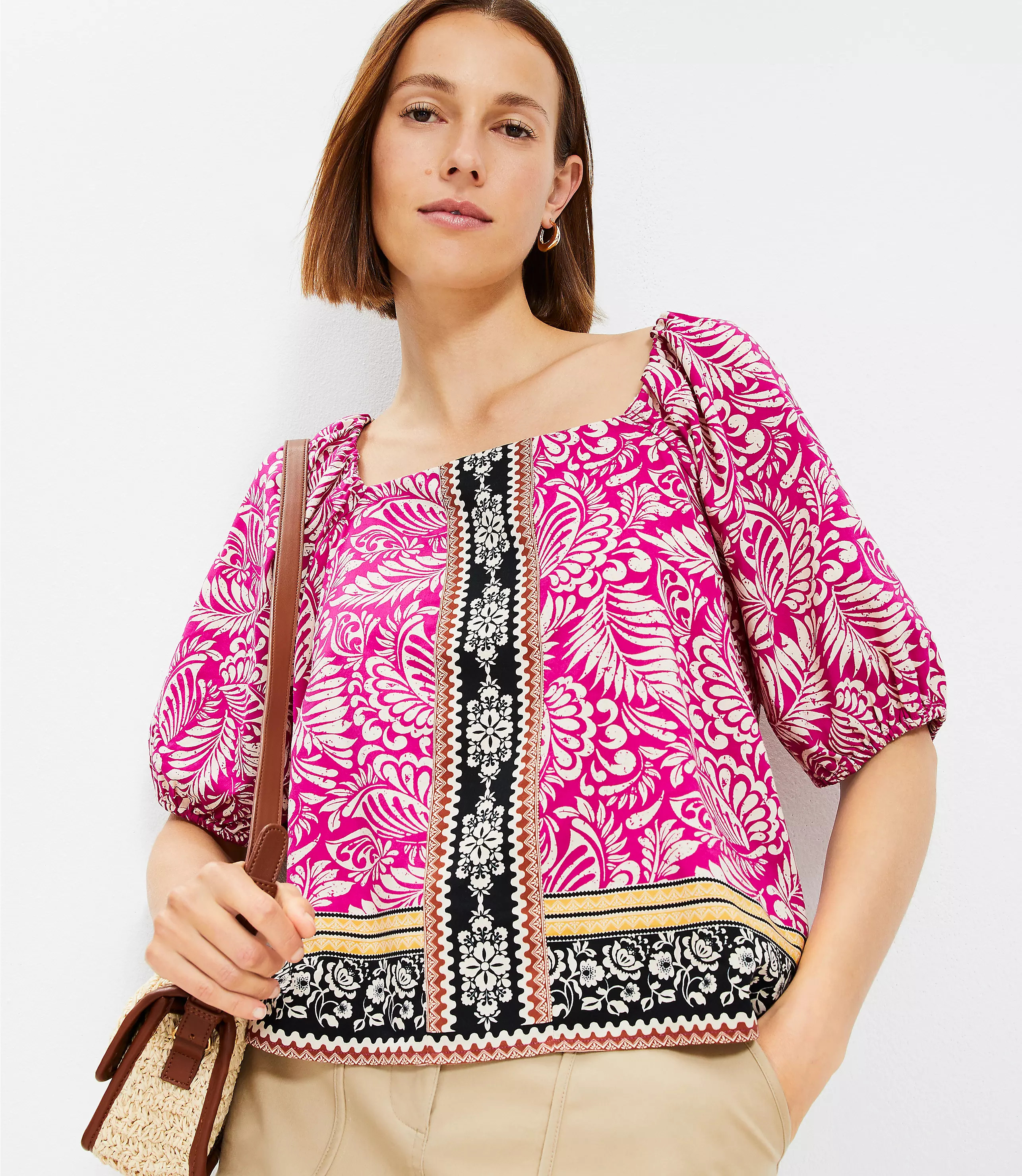 Palm Bubble Sleeve Square Neck Blouse | LOFT