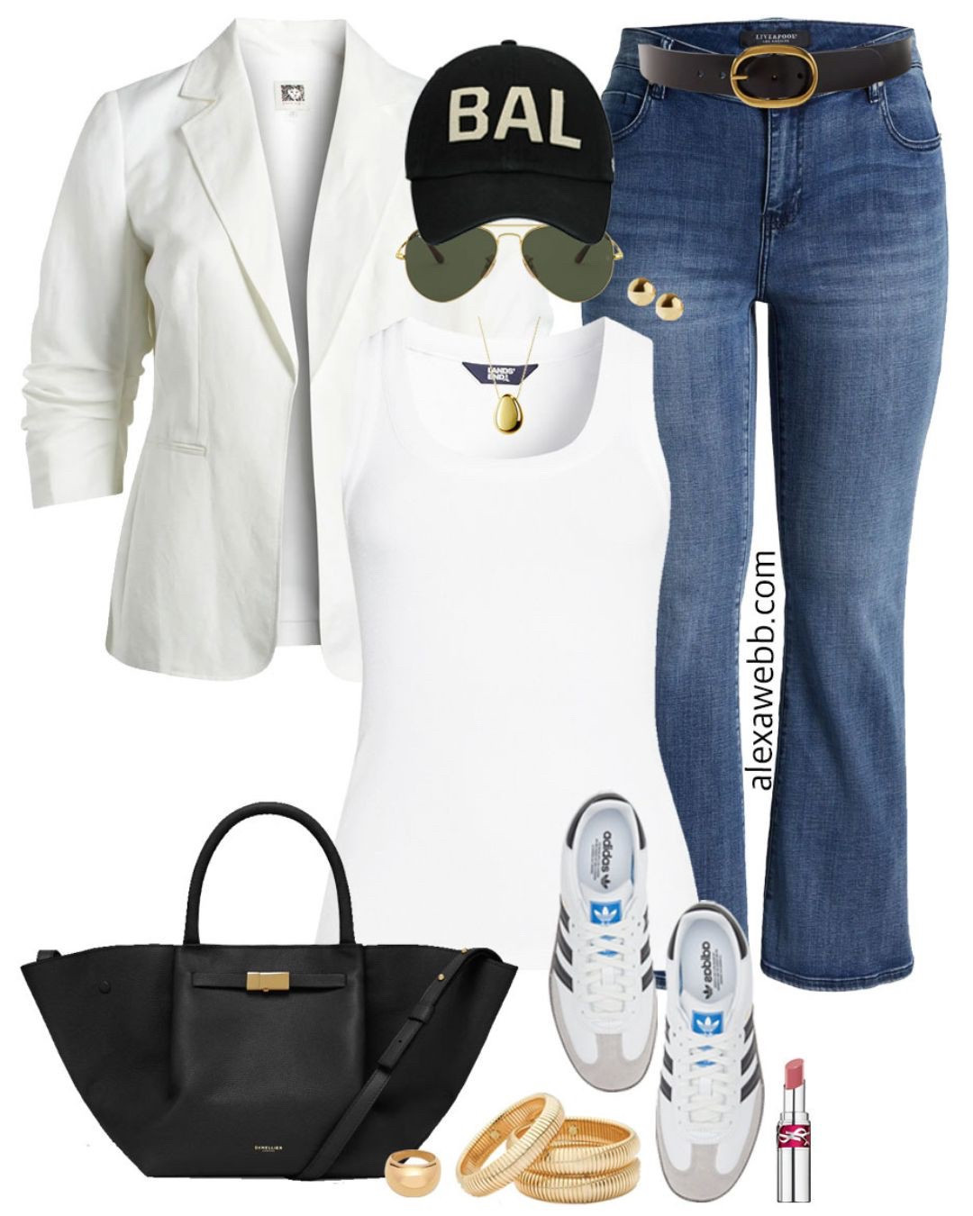 Plus Size White Linen Blazer Outfits - A cute plus size casual outfit for spring and summer with a plus size white linen blazer. Make it a sporty outfit with flare jeans, adidas sneakers, aviator sunglasses, and a baseball cap. Alexa Webb

#LTKPlusSize #LTKStyleTip #LTKSeasonal