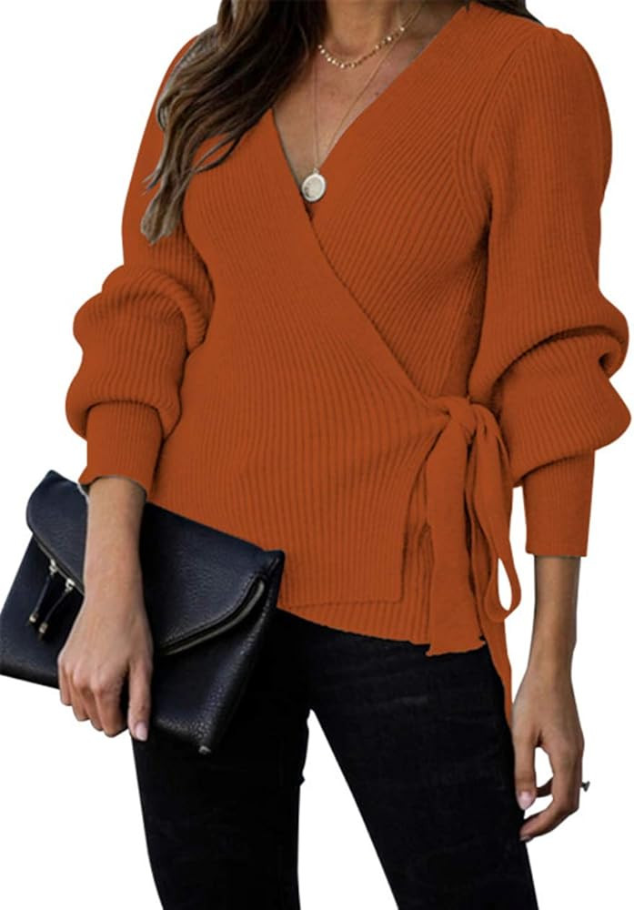 KIRUNDO Women’s 2021 Fall Winter Sexy V Neck Oversized Sweater Balloon Sleeve Ribbed Wrap Chunk... | Amazon (US)