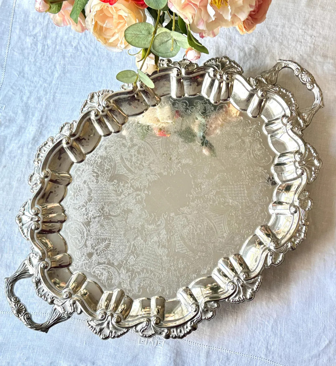Vintage Elegant Large Silverplate Tray Seashell Acanthus Leaf Footed Serving Centerpiece Dining R... | Etsy (US)