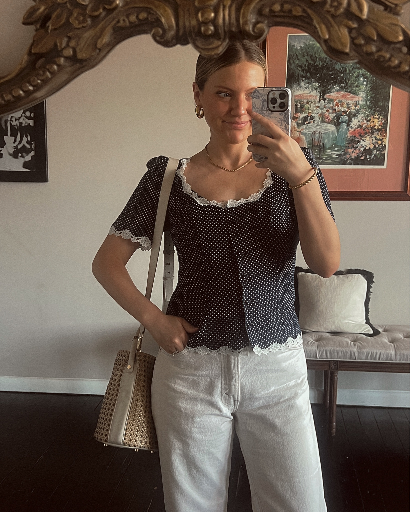 Work outfit today, polka dot top, off white jeans, woven black ballet flats, affordable fashion, everyday style 

#LTKWorkwear #LTKStyleTip #LTKTravel