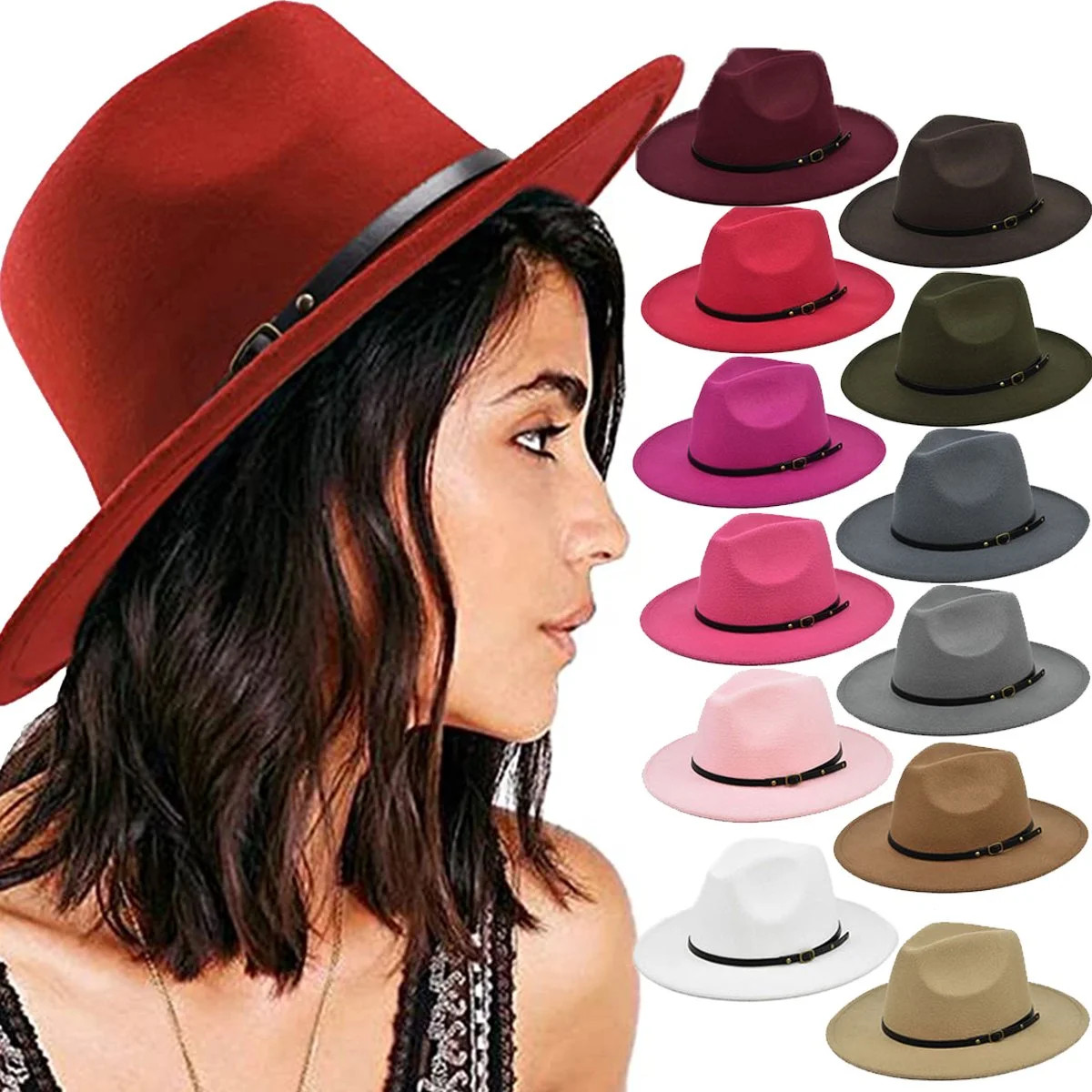 Fedora Hats for Women Belt Buckle Band Felt Soft Wide Brim Panama Hat Adjustable Fall Winter - Wa... | Walmart (US)
