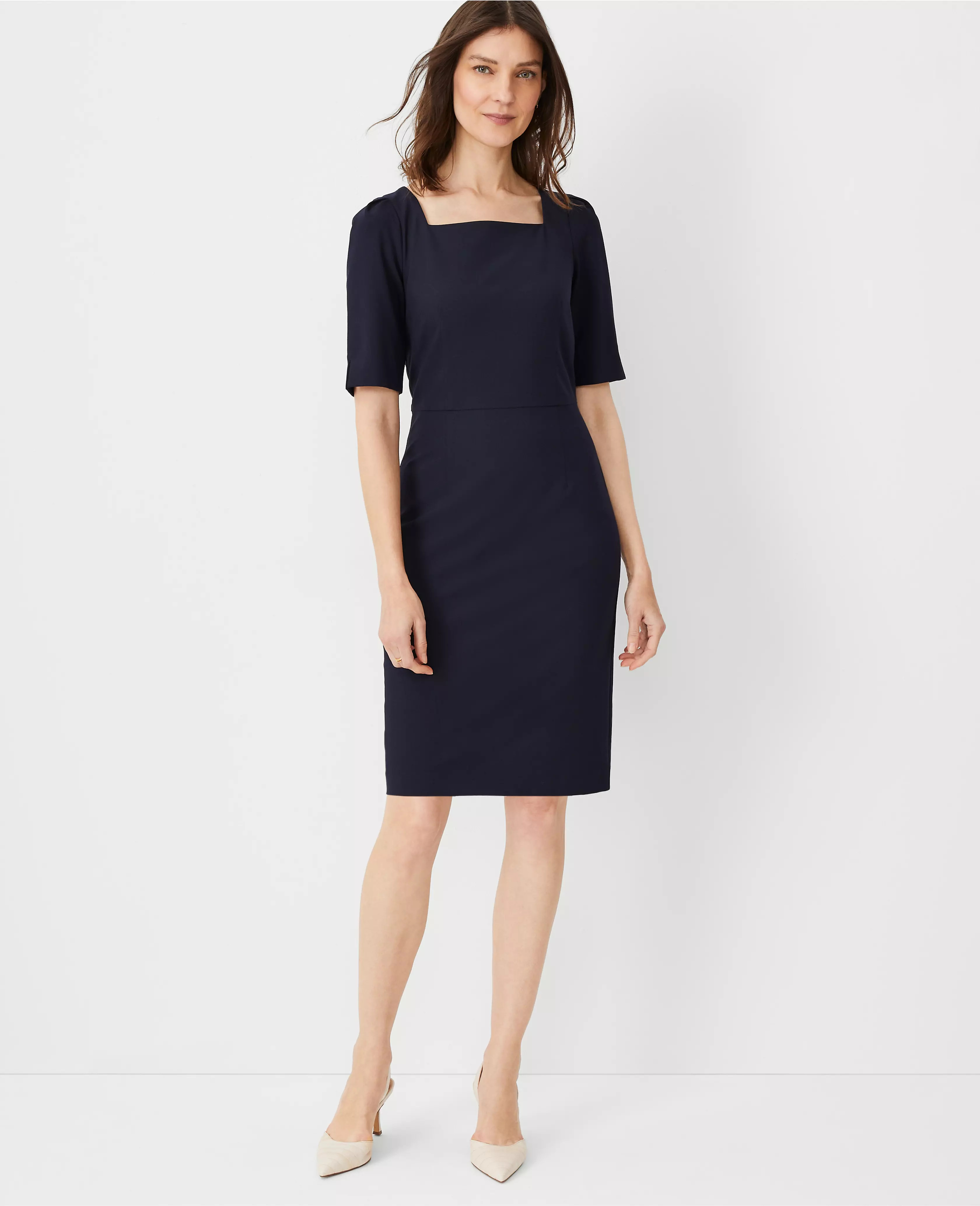 The Elbow Sleeve Square Neck Dress in Seasonless Stretch - Curvy Fit | Ann Taylor (US)