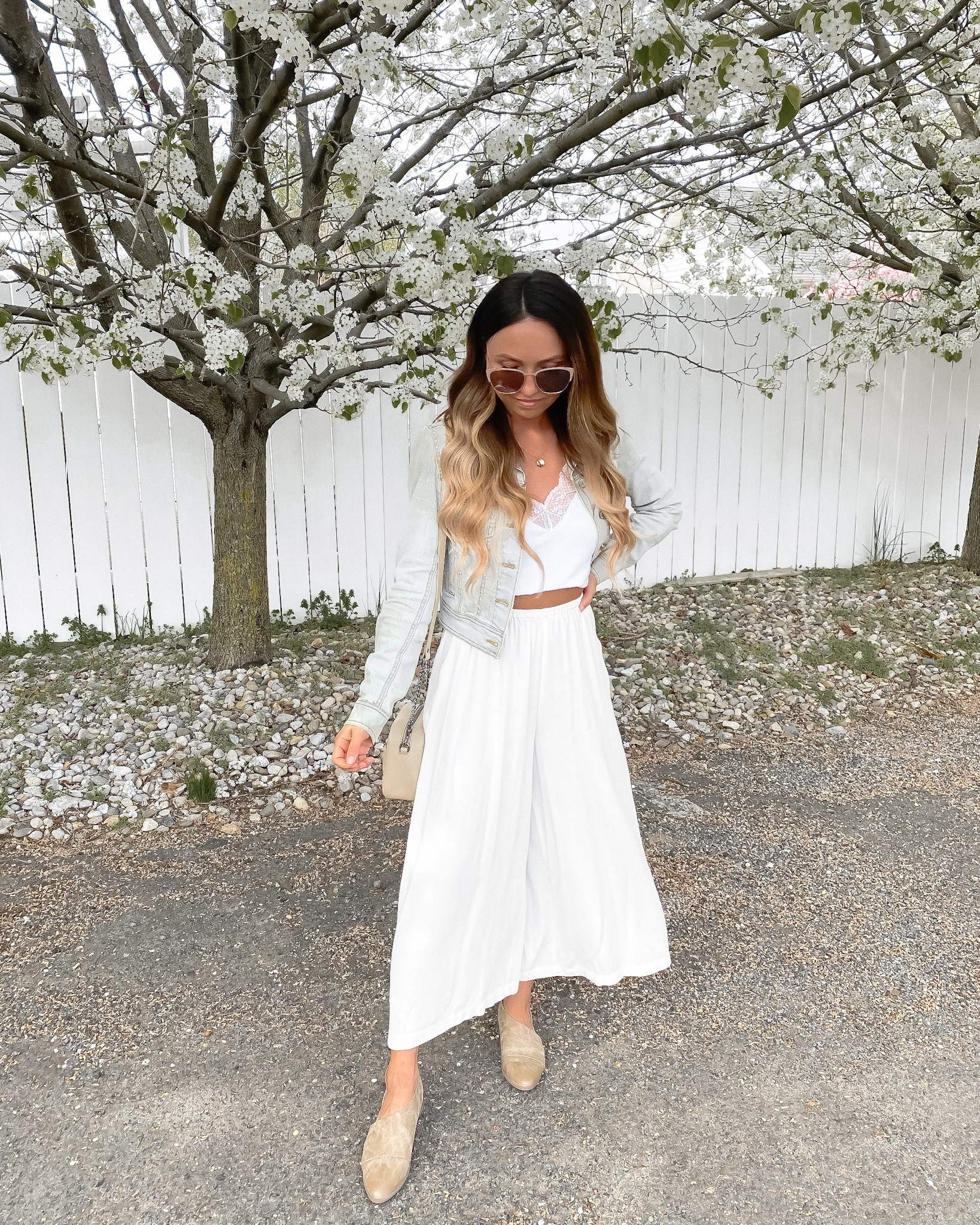 Spring outfit - cropped denim jacket, lace cami (bra tucked), wide leg pants, cutout flats

// spring outfits, spring fashion, date night, dressy casual outfit, cami top, spring top, crop top, culottes, cropped pants, Lulus, Amazon, Amazon fashion, Amazon finds, DIFF, cat eye sunglasses #ltkunder50 #ltkunder100 #ltkstyletip #ltkfind #ltkseasonal #ltkshoecrush
