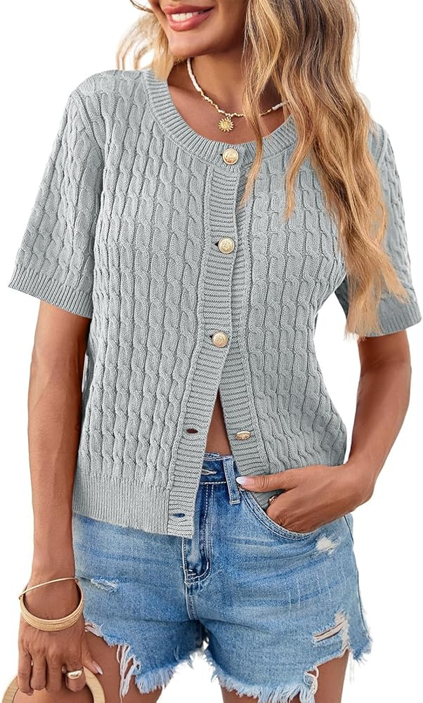 Saodimallsu Womens Summer Short Sleeve Cardigans Cable Knit Cropped Button Down Crewneck Lightwei... | Amazon (US)